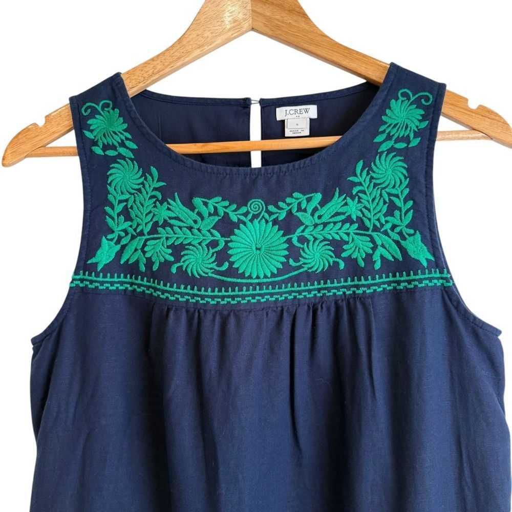 J Crew Factory Navy Blue Linen Floral Green Embroidery Sleeveless Shift Dress - Picture 3 of 7